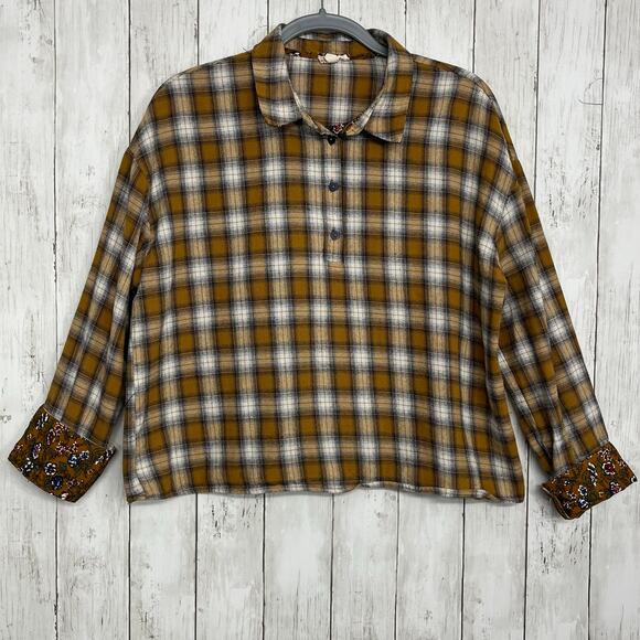 Hem & Thread Plaid 3/4 Button Floral Roll Cuff Collared Fall Autumn Shirt Large - Picture 1 of 9